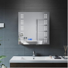 Elegant Izgaismots vannas istabas spoguļskapītis ar Bluetooth skaļruni, nerūsējošais tērauds, 2 durvis, 630 x 650 mm, skuvekļa ligzda, vannas istabas sienas skapīši ar regulējamu spilgtumu un noņemamu spilventiņu