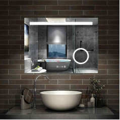 Aica Sanitär LED Bathroom Mirror, 80 x 60 cm, Wall Mirror with Clock, Touch, Anti-Fog, 3x Magnification, Make-Up Mirror, IP44, Cool White, Energy Saving