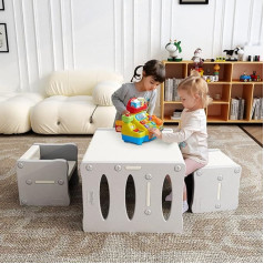 Banasuper Table and Chair Set for Children, Children's Desk Made of Plastic with 2 Stools, Multifunctional Furniture Set for Toddlers, Home, School, Nursery (White Grey)