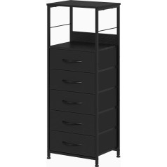 Caduke Chest of Drawers with 5 Fabric Drawers for Bedroom, Universal Storage Chest of Drawers with Metal Frame and Wooden Top, Narrow and Tall Cupboard for Living Room, Children's Room, Black Storage Cabinet