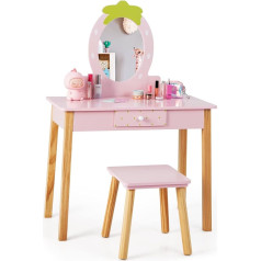 Dreamade 2 in 1 vaikų tualetinis stalas su taburete ir žaislų geliu, medinis vaikų makiažo stalas, kosmetikos stalas, tualetinis stalas, princesės tualetinis stalas su stalčiumi vaikams mergaitėms