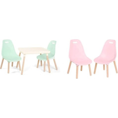 B. Spaces Chairs Kids Furniture Set - 1 Children's Table & 2 Children's Chairs with Natural Wooden Legs (Cream and Mint Green), Plastic & Children's Chair Set of 2 in Pink with Wooden Legs