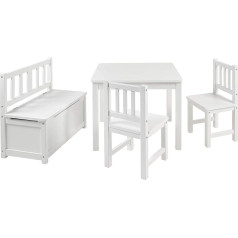Bomi Anna Bērnu galds ar 2 krēsliem un iebūvētu rotaļlietu kastīti, bērnu sols, izgatavots no FSC ilgtspējīgas priedes masīvkoka, bērnu sēdvietu komplekts maziem bērniem, meitenēm un zēniem, balts
