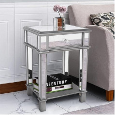 Artloge Bedside Table Silver Mirrored Side Table, Glass Mirror High Gloss Bedside Cabinet - 2 Shelves Modern Bedside Table with Drawer for Bedroom Living Room 45 x 38 x 64 cm