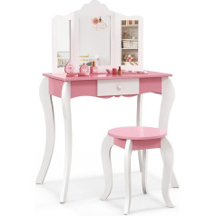 Costway Bērnu tualetes galdiņš ar tabureti, koka kosmētikas galdiņš meitenēm, 68 x 42 x 100 cm (rozā+balts), koka kosmētikas galdiņš meitenēm, 68 x 42 x 100 cm (rozā+balts), 