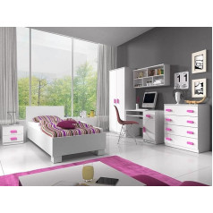 Fabryka Mebli Idźczak Jonas I 01 Children's Room Set Cabinet Bed Wall Shelf Chest of Drawers Desk Bedside Table Handles - Scandinavian Style Stylish Modern Design (White/Pink)