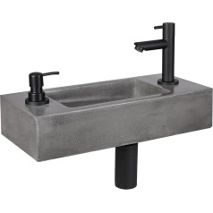 Differnz Jax Small Sink - Hand Wash Basin Concrete Grey - Fittings Matt Black - Soap Dispenser - Tap Right - Washbasin - 42 x 18.5 x 9 cm