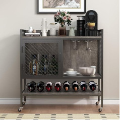 Dawnyield Wine Cabinet Sideboard 3-Tier Bar Table with Wheels Wine Rack Stemware Holder Mesh Door Industrial Kitchen Cabinet Drink Storage Display Cabinet for Home Bar (Grey)
