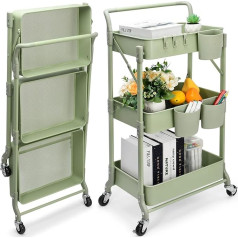 Shrivee 3-Tier Kitchen Trolley, Serving Trolley, Foldable Metal Trolley, Shelf on Wheels, Shelf, Organiser, Kitchen Shelf, Foldable Utility Trolley for Kitchen, Bathroom, Office (Green)