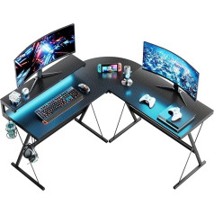 Bestier L formos žaidimų stalas, 140 cm, kompiuterio stalas su LED apšvietimu, kampinis stalas su puodelių laikikliu, ergonomiška moderni darbo vieta namų biurui