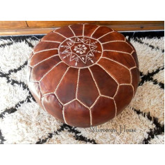 Moroccan House Moroccan Leather Pouffe/Footstool | Beautiful Handmade Genuine Leather Footstool From Morocco | Dark Brown with White Stitch/Comes Unfilled