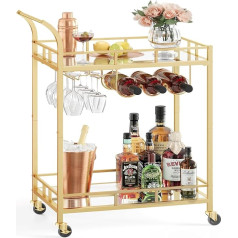 Vasagle Serving Cart Trolley Glass Holder 2 Mirrored Glass Shelves Bar Cart Wine Cart Kitchen Dining Bar Gold LRC092A62