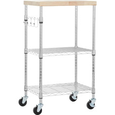 Amazon Basics 3-tier serving trolley with removable wooden top and height-adjustable and chrome-plated shelves with a total load capacity of 79.5 kg, wood/chrome
