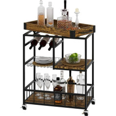 Bakaji Multipurpose Kitchen Trolley Space Saver with Separate Shelf and 4 Wheels, Industrial Style with Black Iron Frame and Walnut Wood Shelves Bottle Rack