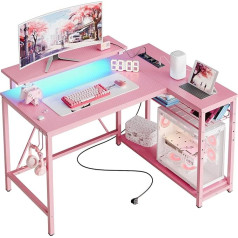 Bestier LED Corner Desks with USB Charging Port and Socket, 106 cm Gaming Table L Shape, Small Desks with Shelf & Monitor Stand, Swap Left and Right, for Office, Bedroom, Pink