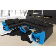 Sofa Dreams Wohnlandschaft Genoa Leather Sofa U-Shape Sofa with LED Lighting, Adjustable Headrests, Leather Colours Selectable, Orientation Selectable (Long Side Left, Black/Blue)