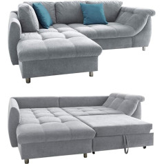 Luma-Home Schönes Für Dein Zuhause Modernes Ecksofa mit Schlaffunktion 250x190 cm, Wellenunterfederung mit Komfortschaum, L-Couch, Longchair Ottomane links, Bezug Mikrofaser Grau, 2 Zierkissen Blau / 17110