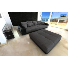 Sofa Dreams Liels dīvāns Miami Hugo ar USB pieslēgumu un LED apgaismojumu, pēc izvēles ar tabureti / Āda / Textured Fabric / Dekoratīvs spilvens (bez taburetes, Black-Hugo12)