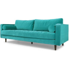 Yrra Mid-Century Modern Coral Velvet Bench Solid Hardwood Two Seater Sofa 2 Seater / 3 Seater / Chaise Sofa for Living Room (Blue Three Seats)