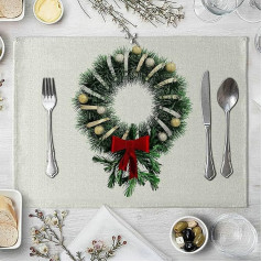 Knsam Galda paklājiņi Wipe Clean Set of 4 Christmas Wreath Table Coasters Kokvilnas lina netīrumus atgrūdoši un mazgājami galda paliktņi Sarkanzaļš mājas restorāna pusdienu galdam 32 x 42 cm