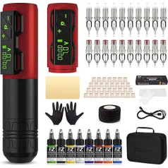 EZ Tattoo Machine Set - Tattoo Set with Wireless Tattoo Machine, 1800 mAh Power Supply Battery, 20 Pieces Tattoo Needles and 8 Colours Inks for Tattoo Beginners and Artists (P2S Red)