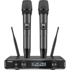 TONOR TW450 Dual Microphone Wireless System, Wireless Karaoke Microphone Set, Wireless Microphone 60 m Range with Receiver for Wedding Party Church Lecture Stage Speeches Conference Grey