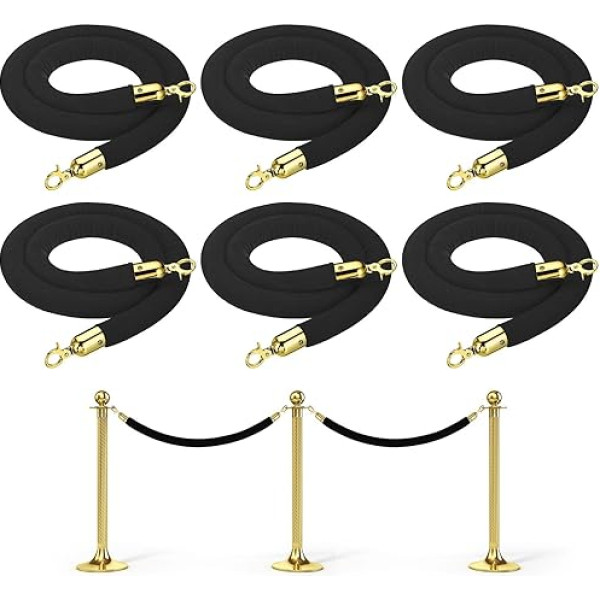 PATIKIL Hotel Theater Golden 5 ft Black Velvet Stand Rope 6 Pack Quantities Control Barrier Rope with Snap Hooks for Posts Stands Queue Divider