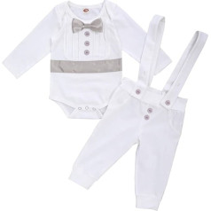 Baby Boys Christening Clothing Long Sleeve Bow Tie Bodysuit Romper + Braces Trousers 2-Piece Gentleman Tuxedo Suits Wedding Birthday Cake Smash Christening Formal Suit