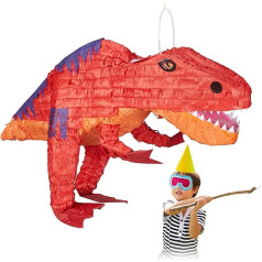 Relaxdays 2 x Dinopinata Hanging Kids Meitenes un zēni Dzimšanas diena Pildīšanas papīra Pinata Dinozaurs Sarkans