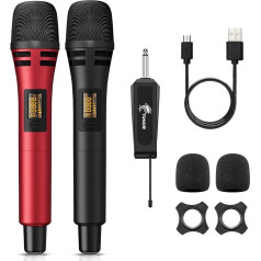 Bezvadu mikrofoni, TONOR UHF Dual Karaoke mikrofonu komplekts ar uzlādējamu uztvērēju, bezvadu dinamiskais mikrofons, mikrofonu komplekts dziedāšanai, kāzām, ballītēm, runāšanai TW320 Black & Red