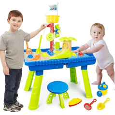 KalaDuck Sand Water Table Children, 2 in 1 Sand Water Play Table Game with Beach Toy Shovel and Chair, Outdoor Garden Backyard Sandpit Activities Table Summer Toy for Boys Girls