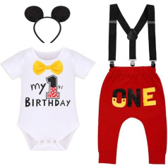 FYMNSI Baby Boys' First Photoshoot Outfit Cotton Short Sleeve Bodysuit + Braces + Long Trousers + Ear Headband 4-Piece