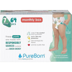 PureBorn Baby Premium autiņbiksītes, 7 izmērs (17+ kg), 64 gab., ādai draudzīgas, optimāla aizsardzība dienā un naktī, dermatoloģiski pārbaudītas, īpaši mīkstas.