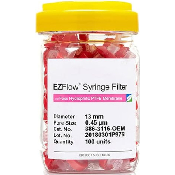 Ezflow nesterilas hidrofilas PTFE membrānas, 0.45UM poru membrānas priekšfiltrācijas un zondes sagatavošanai, 13 mm, 100/PK