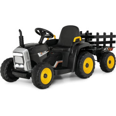 COSTWAY Bērnu 12V elektriskais traktors ar piekabes piedziņu ar tālvadības pulti, gaismu un skaņu 30kg 3 gadi (melns)
