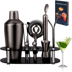 14-Piece Cocktail Set Gifts for Men - Zanfqvo Perfect Cocktail Shaker Set with Stand and Recipe Book - 700 ml Cocktail Shaker Stainless Steel Bartender Set for Home, Bar (Black)