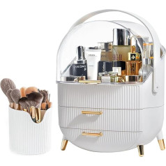 SIOOUI Make-up-Organizer-Box, caurspīdīgāka virsma, Kosmetik-Vitrine mit zweistufiger Aufbewahrungsbox und Pinsel-Aufbewahrungsbox, Hautpflege-Organizer für Badezimmer-Arbeitsplatte (weiß)