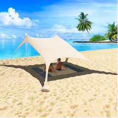 2,4 x 2,4 m pludmales telts, pludmales nojume, sauļošanās telts pludmalei ar UV aizsardzību UPF 50+, saulessarga nojume, nojume ar piknika segu un smilšu maisu (bēšs)