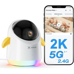 COCOCOCAM 2K bērnu monitors ar kameru, viedais WiFi bērnu monitors ar 2.4/5G, 355° panorāma, 120° slīpums, tālruņa monitoringa lietotne, jautra gaisma, AI analīze, šaušanas noteikšana, temperatūras/mitruma sensors