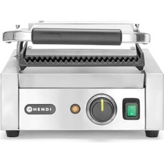 HENDI Kontaktgrill, Einzelversion, Elektrogrill, Tischgrill, Sandwichtoaster, Regelbar bis max. 300°C, Oberseite (H)530mm, Grillfläche 220x230mm, 230V, 1800W, 310x370x(H)210mm, Edelstahl