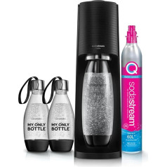 Sodastream komplekts ar ūdens burbuļu mašīnu un sodas aparātu Terra Black, 1 pudele FUSE trauku mazgājamās mašīnas 1 L, 2 pudeles My Only Bottle 0,5 L un 1 balons CO2 60 L Quick Connect Clip-on [Amazon Exclusive]