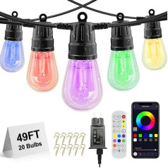 Voneta āra pasaku gaismas, 15 m RGB terases apgaismojums ar tālvadības pulti un lietotni, S14 dimmable LED Pendant Lights, krāsu maiņa, ūdensizturīgs IP65 āra apgaismojums dārzam, pagalmam, lieveņiem