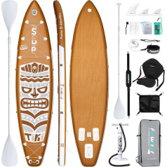 FunWater Retro Tiki piepūšamais airu dēlis Stand Up Paddle Board Īpaši garš un plats 11 pēdas 6 x 33 collas ar dubultās darbības sūkni, klāja somu, divpusējo airi, sēdekli, SUP pārnēsāšanas siksnu