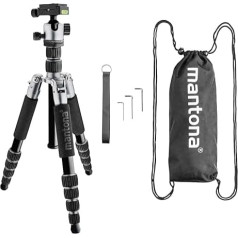 mantona Reisestativ Light Traveller, stabiles Aluminium I leichtes Kamera-Stativ, Kugelkopf + Wechselplatte (Arca Swiss kompatibel), 360° Panorama I Fotostativ als Tripod & Monopod, schwarz-grau