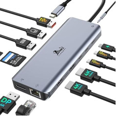 USB C dokstacija 2 HDMI DP Display Port Docking Station Triple Display, USB C Hub Dual Monitor 10Gbps USB 3.1 Multiport Adapter USB C to DP, USB3.1, RJ45, PD, Docking for Dell, HP, Lenovo, utt.