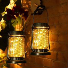 longziming Pack of 2 Solar Lights for Garden, 30 LED Weatherproof Solar Preserving Jar Outdoor Lanterns, Waterproof Retro Garden Decorative Solar Lamp for Outdoor, Balcony, Patio, Yard