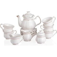 Sweejar Home 21 gab. porcelāna tējas piederumu komplekts ar zelta apmali - keramikas tējkanna, cukura un piena krūzīte, smalka tējas krūzīte un krūzīte, 6 gab., piemērots ikdienas lietošanai (balta)