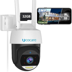 UCOCARE 5MP āra novērošanas kamera WiFi ar 32G atmiņas karti, 360° WiFi kamera, automātiska izsekošana, 24/7 ierakstīšana, cilvēkveidīgo noteikšana, krāsaina nakts redzamība, divvirzienu audio, IP67