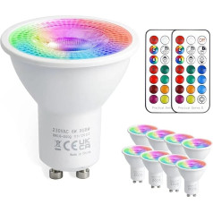 VARICART GU10 GU10 LED spuldze ar maināmu krāsu, 5 W dimmējama 12 krāsu LED spuldze ar tālvadības pulti, vēsā baltā 6000 K un RGB starmešu gaisma, 50 W, piemērota sienas apgaismojumam, sliedes apgaismojumam, mājas dekorēšanai (Pack of