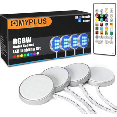 MYPLUS LED apgaismojums zem skapja, 4 RGBW skapja gaismu komplekts ar 32 pogu tālvadības pulti, krāsu maiņas, laika iestatīšanas un DIY funkciju, balts LED apgaismojuma komplekts skapjiem un virtuves plauktiem